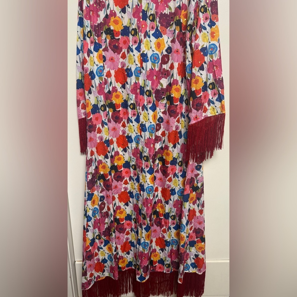 Floral Midi Dress with Fringe Sleeves - Pink Multi - Picture 8 of 8